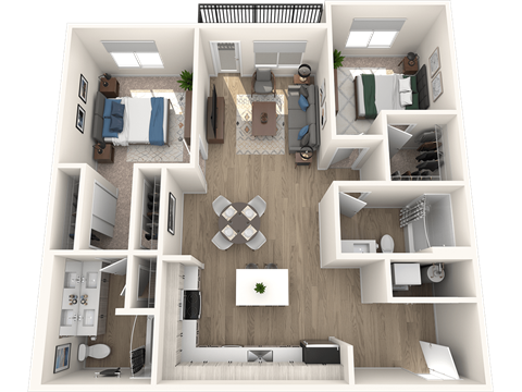 A top-down view of a small apartment with a kitchen, living room, and bedroom.